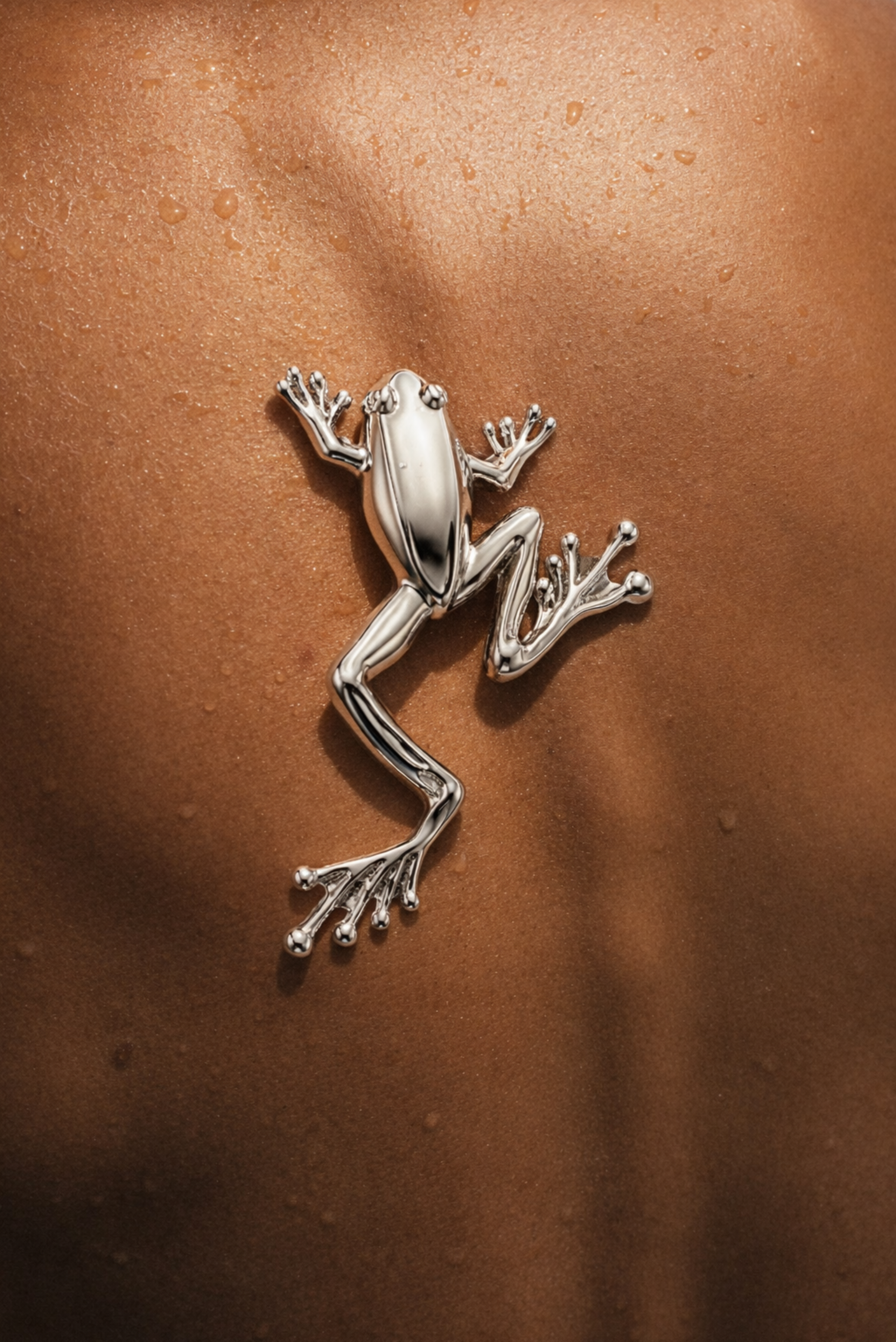 A silver frog-shaped brooch pinned to fabric