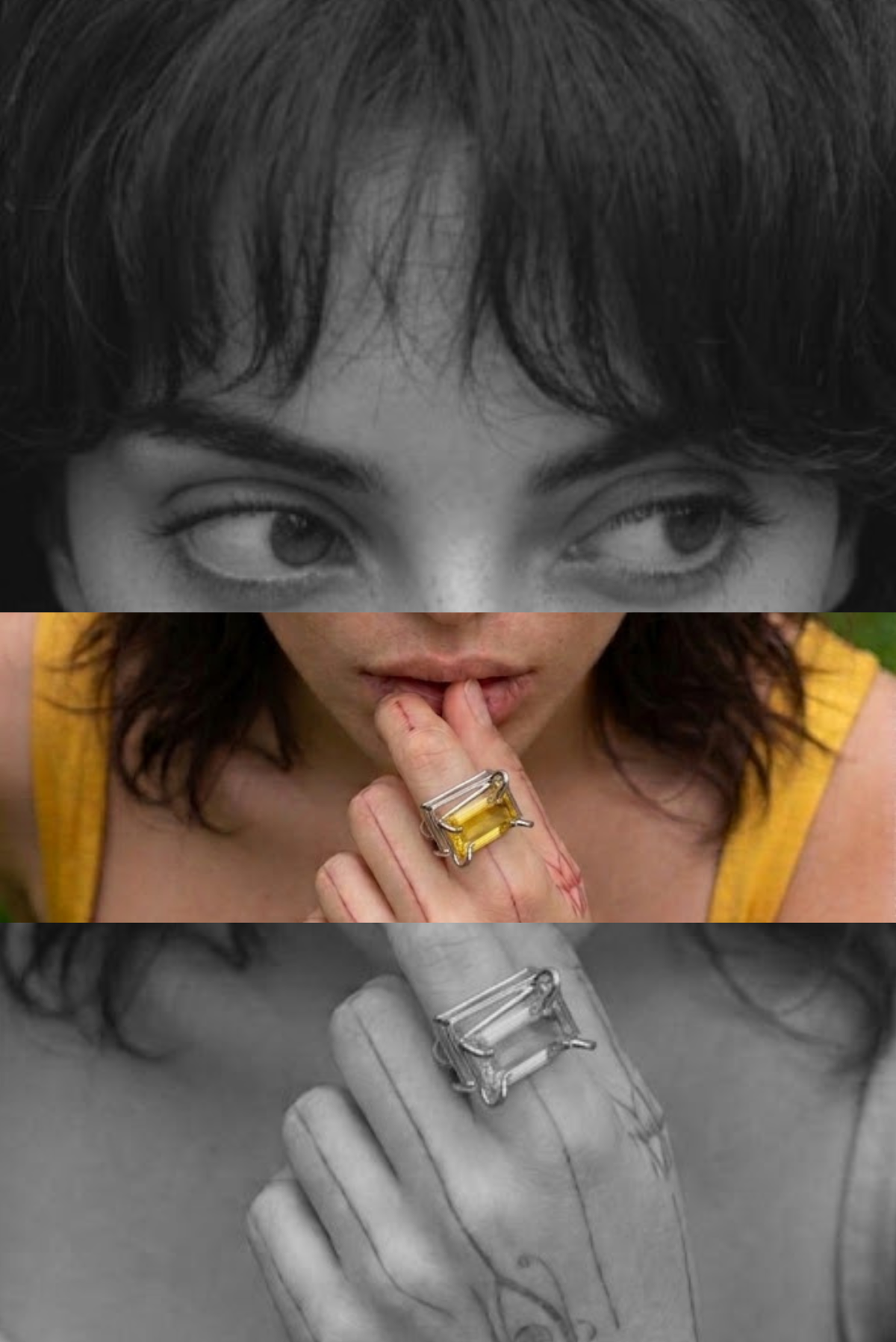 A model wearing an adjustable silver wrap ring