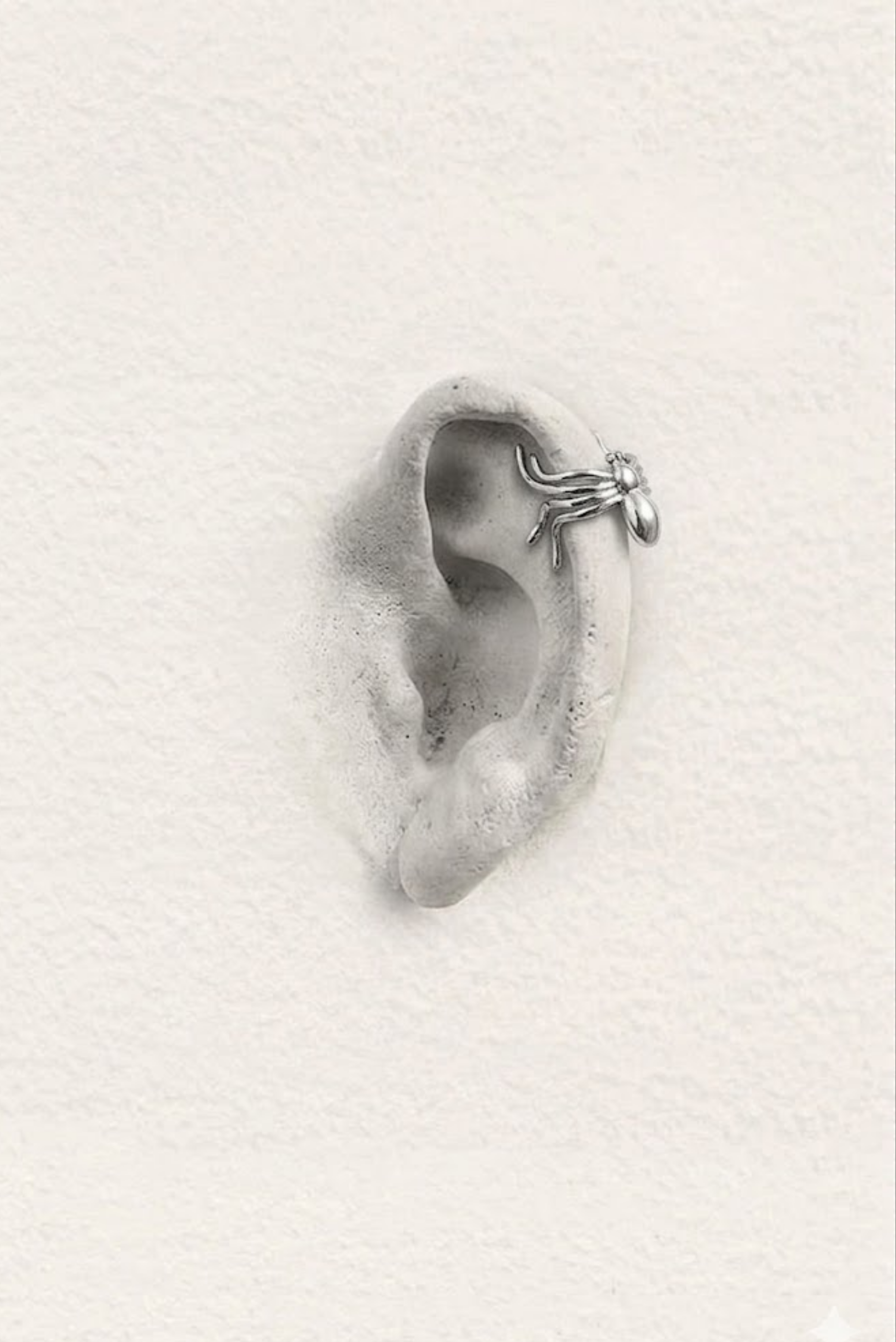 A silver ear cuff with a spider design, clipped on the upper ear